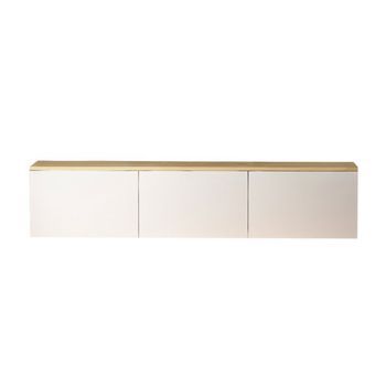 Mueble Tv Led Suspendido Con Armarios Blancos Y Bandeja De Madera 160 Cm Lumi