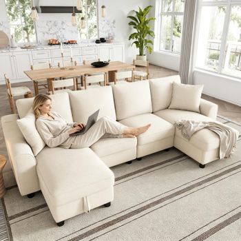 Sofá Esquinero En Forma De U Con Chaise Longue Con Espacio De Almacenamiento Y Cojines Extraíbles – Chenilla – 280 X 137 X 84 Cm - Beige