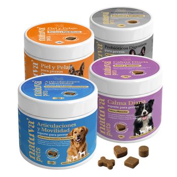 Condroprotector, Calma, Piel y Pelaje y Probiótico para Perros – Pack Natuva Pets (480 Masticables) – Rutina de Cuidado Diario – Con Glucosamina, Omega 3 y L-Triptófano