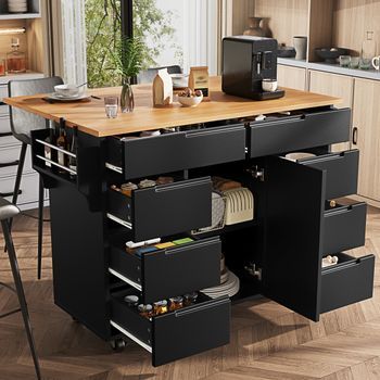 Isla De Cocina Con Ruedas Y Encimera Plegable, 122 X 74,5 X 91,5 Cm, Negra