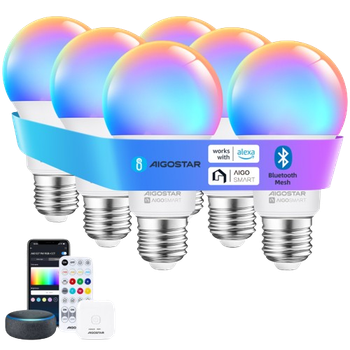 Aigostar 9W Bombilla Inteligente Bluetooth Mesh A60, Bombilla Inteligente Works with Alexa, Bombilla Inteligente E27 LED 806LM RGB & 2700K-6500K, 6 Unidads（Con Bluetooth Control Remoto y Gateway).
