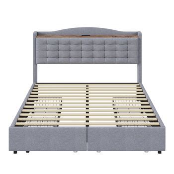 Cama Para Adultos 140x200cm De Lino Con Toma Usb Y 4 Cajones Somier De Láminas Gris Claro