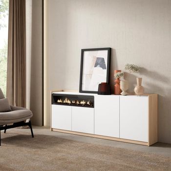 Aparador efecto madera blanco roble 210x37x80cm chimenea efecto fuego