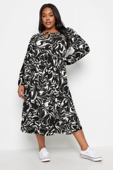 Yours Vestido Negro De Estampado Abstracto, Mujer Curvy Y Tallas Grandes, Yours