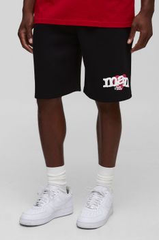 Black Oversized Heart Puff Print Jersey Mid Length Short, Negro