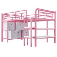 litera infantil de 90x200 cm metalica con amplias escaleras cajones y estantes color rosa