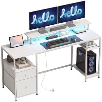Mesa De Escritorio Con Luces Led, Tomas De Corriente Y Puertos Usb, Melamina Y Acero, 155,5 X 48 X 88,5 Cm – Blanco
