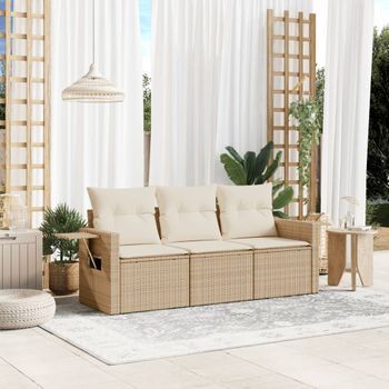 Conjunto De Sofás De Jardín Con Cojines Beige 3 Uds | Mueble Jardin Mesa Y Sillas Ratán Pe Cfw231279