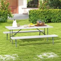 mesa de picnic plegable 183 cm para 8 personas con 2 bancos marco de metal orificio para sombrilla hdpe jardin gris cfw88094