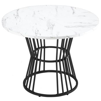 Mesa de comedor redonda moderna, tablero de MDF con estructura metálica, 100x100x75 cm, Blanco+Negro