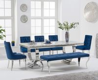 haven 200cm grey marble table with talia velvet chairs and blue velvet fitzrovia bench - grey 2 chairs
