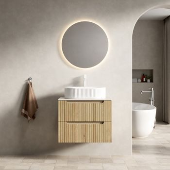 Mueble De Baño - Mueble Suspendido - Contrachapado Y Piedra - Blanco Y Roble (60x46x62.2cm)
