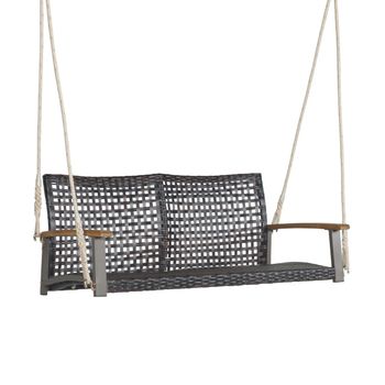 Costway Banco Columpio de Exterior con 2 Asientos Columpio de Ratán PE Columpio para Pórtico Veranda Patio Jardín Balcón 131 x 68 x 54 cm Marrón