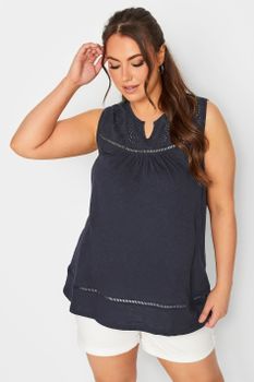 Yours Top Azul Marino Con Canesú Con Bordados, Mujer Curvy Y Tallas Grandes, Yours