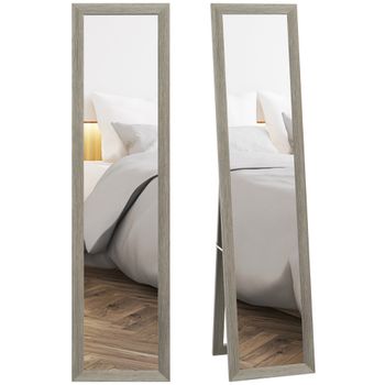 HOMCOM Espejo de Cuerpo Entero Espejo de Pie o de Pared Rectangular con Marco de Madera para Dormitorio 37x155 cm Gris   Aosom España