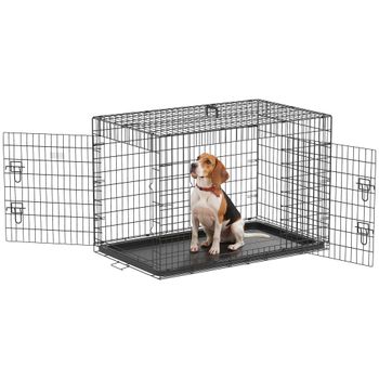 PawHut Transportín de Perro de 2 Puertas Jaula de Alambre para Perros Plegable con Asa Acero 106x71x76cm Negro   Aosom España