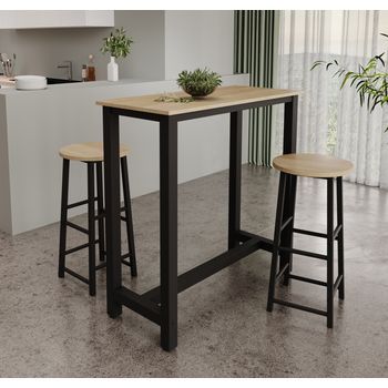 Mesa Alta Con 2 Taburetes | Patas Metal | 100x100x40cm | Barra Cocina | Modelo Ani | Negro Y Sonoma