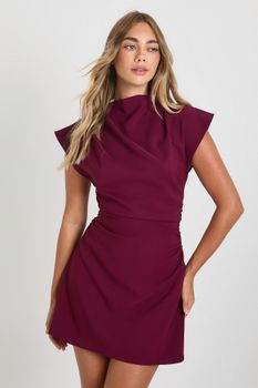 Ruched High Neck Cap Sleeve Shift Dress, Rojo