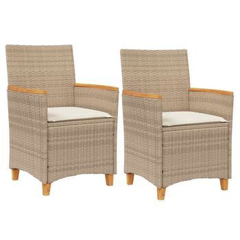 Pack 2 Uds Sillas De Jardín | Silla De Exterior | Sillón Con Cojín Ratán Pe Beige Y Madera Acacia