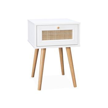 Mesita De Noche De 1 Cajón Con Efecto Madera Y Caña, Blanco Roto