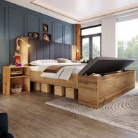 cama de madera de 180x200 cm doble con cabecero plegable espacio de almacenamiento mesas banco lamparas usb somier de laminas de roble sin colchonetas