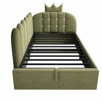 Cama Tapizada Sofá Cama 90x200 Cm - Con Almacenamiento Hidráulico, Cama De Día, Diseño L, Terciopelo, Diseño Corona De Rejilla - Verde