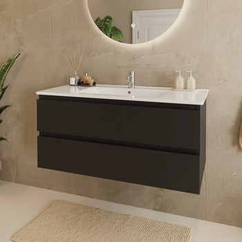 Mueble De Baño Suspendido 100 Cm Negro Mate - Lavabo Blanco - Con 2 Cajones - Lomazoo Marenza