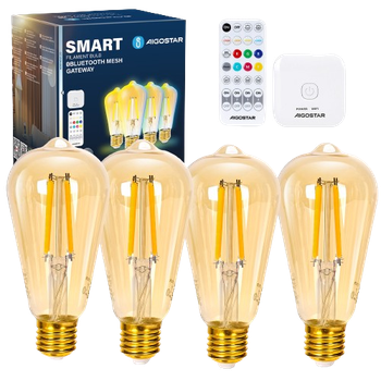 Aigostar Mesh - Bombilla LED Inteligente Bluetooth Mesh ST64, 6W Bombilla E27, Regulable Cálida a Fría 2700K-6500K, Bombilla Vintage Filamento Compatible con Alexa, 4 Uds(Con Control Remoto y Gateway)