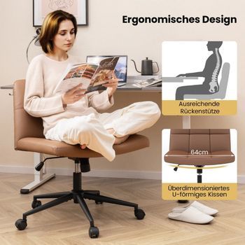 Silla De Oficina Sin Reposabrazos Silla De Escritorio Con Asiento Ancho De Piel Sintética Giratoria 360° Para Oficina En Casa Marrón