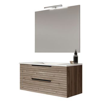 Kibath Mueble De Baño Con Lavabo, Espejo Y Aplique Led Ken 100x45 Cm Acabado Desierto Mate 2 Cajones Suspendido