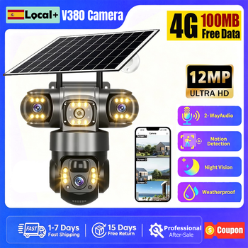 Cámara de Seguridad Solar V380 4G con Triple Lente, 3 Pantallas, Zoom 10X, Cámara IP para Exteriores, Detección Humana PIR, Visión Nocturna, Resistente al Agua IP66, Vigilancia CCTV