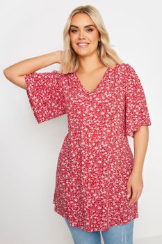 Yours Top Con Vuelo Rojo De Florecitas, Mujer Curvy Y Tallas Grandes, Yours