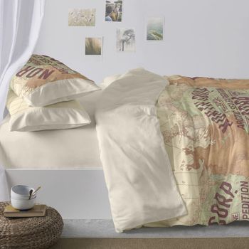 Juego Funda Nórdica 50% Algodón Vintage Mapas Cama De 150 Cm Color Gris Burrito Blanco