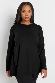 Yours Top Negro Manga Larga Con Vuelo, Mujer Curvy Y Tallas Grandes, Yours