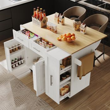 Isla De Cocina - Blanca - Multifuncional - Almacenamiento Expandible - Ruedas Fijas