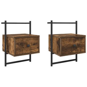 Pack 2 Uds Mesitas De Noche | Mesa Auxiliar | Mesilla De Pared Roble Ahumado 35x30x51 Cm