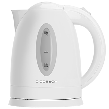 Aigostar Hervidor de Agua Eléctrico, 1,7 litros, Libre de BPA, 2200 W de Potencia, Base 360º, Filtro Antical Desmontable, Función Apagado Automático, Nivel Agua, Plástico, Blanco