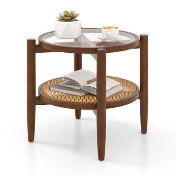 Costway Mesa Auxiliar Redonda Mesa de Café de Ratán PE con Tapa de Vidrio Templado y Patas de Madera de Acacia 56 x 56 x 46 cm Marrón