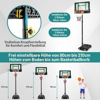 Canasta De Baloncesto 90/158-210 Cm Aro De Baloncesto Ajustable En Altura Con Soporte Resistente A La Intemperie Interior Exterior Verde