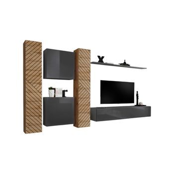 Conjunto De Muebles De Diseño Para Sala Switch Vi. Color Roble Y Gris Acabado En Roble Efecto Fresado Y Gris Brillante.