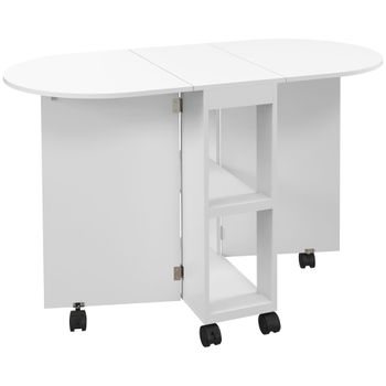 HOMCOM Mesa de Comedor Plegable con Ruedas y Alas Abatibles 120x60x77 cm Blanco 2 Estantes Abiertos para Cocina   Aosom España