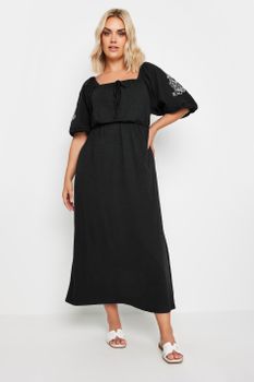 Yours Vestido Largo Negro De Algodón Con Bordados, Mujer Curvy Y Tallas Grandes, Yours