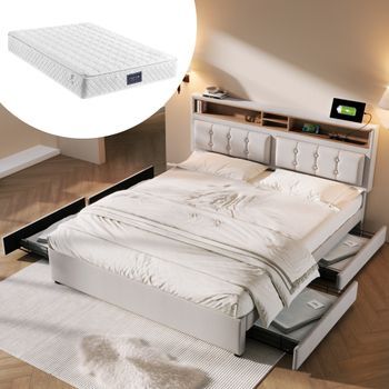 Cama Con Cabecero Regulable - 160 X 200 Cm - 4 Cajones, Estantes Y Toma Usb C - Tejido De Lino - Color Beige + Colchón