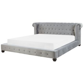 Cama De Terciopelo Gris Con Acolchado Decorativo 180 X 200 Cm Diseño Retro Tradicional Cavaillon