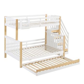 Cama Litera - Cama Infantil - Con Protección Contra Caídas Y Barandilla - 3 Camas - Con Cama Plegable - Diseño Especial De Puerta - Escalera Angular - Blanca Y Natural - 90x200&120*200cm