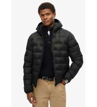 Superdry para hombre. M5012045A Abrigo acolchado con capucha negro (XXL), Casual, Poliéster Reciclado, Sostenible
