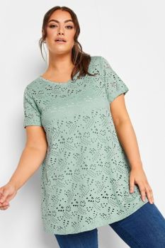 Yours Top Verde Salvia Troquelado Manga Corta, Mujer Curvy Y Tallas Grandes, Yours