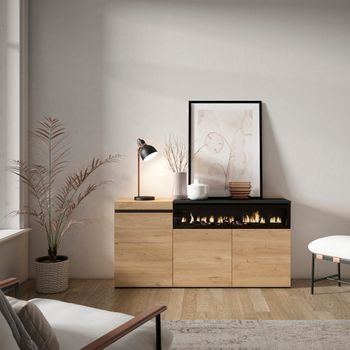 Aparador efecto madera roble y negro 150x35x75cm chimenea efecto fuego