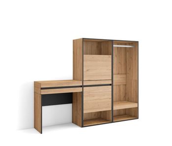 Consola entrada, mueble con cajón, 190x35x145cm, recibidor, zapatero, vestidor abierto, estilo moderno, roble