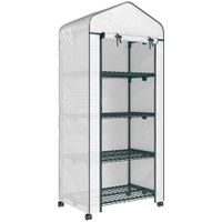 outsunny invernadero de exterior con 4 estantes ruedas puerta enrollable cubierta de pe y marco de acero 69x50x165 cm blanco